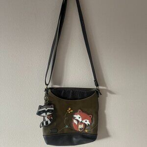 Chala Leather Fox Shoulder Cross Body Purse with Racoon Keychain
